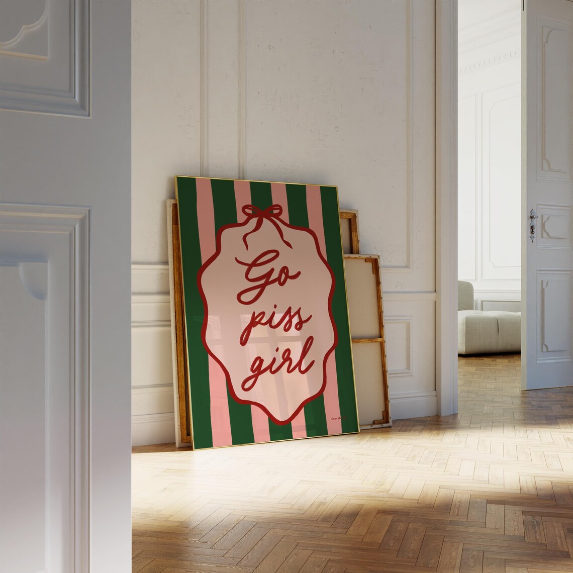 Go Piss Girl Pink Plaque Green Striped Sassy Bathroom Poster - Image 4