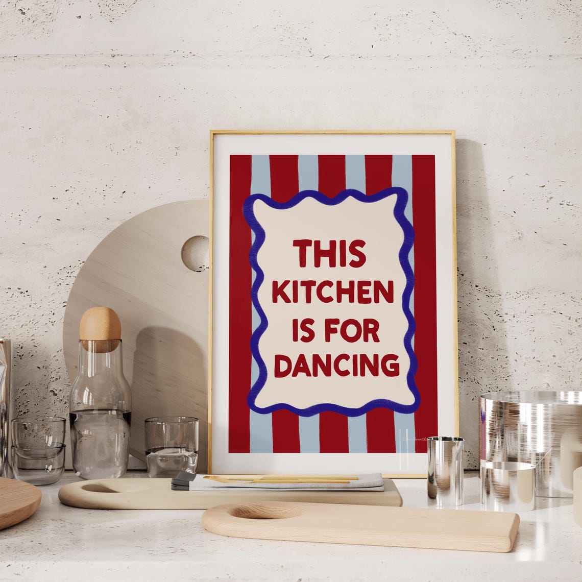This Kitchen Is For Dancing Red Blue Striped Retro Quote Poster - Image 4