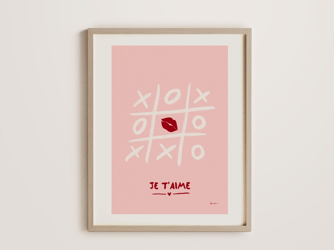 Je Taime Tic Tac Toe Pink Lips French Love Typography Poster - Image 3