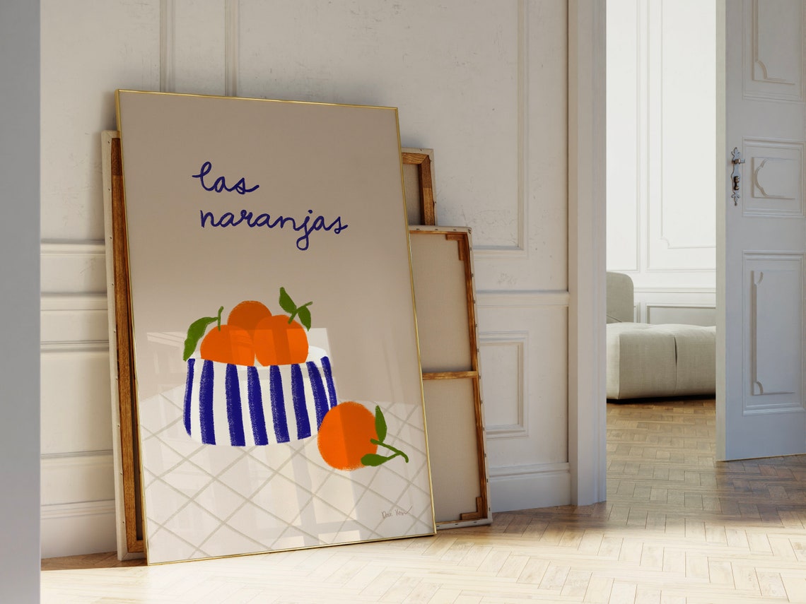 Las Naranjas Oranges in Striped Bowl Blue Brush Kitchen Poster - Image 4