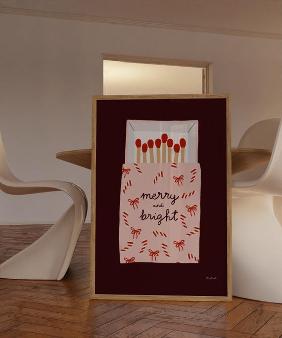 Merry And Bright Matchbox Wall Art Matchbox Print Christmas Wall Art Vintage Matchbox Poster Retro Matchbox Print Cute Holiday Print