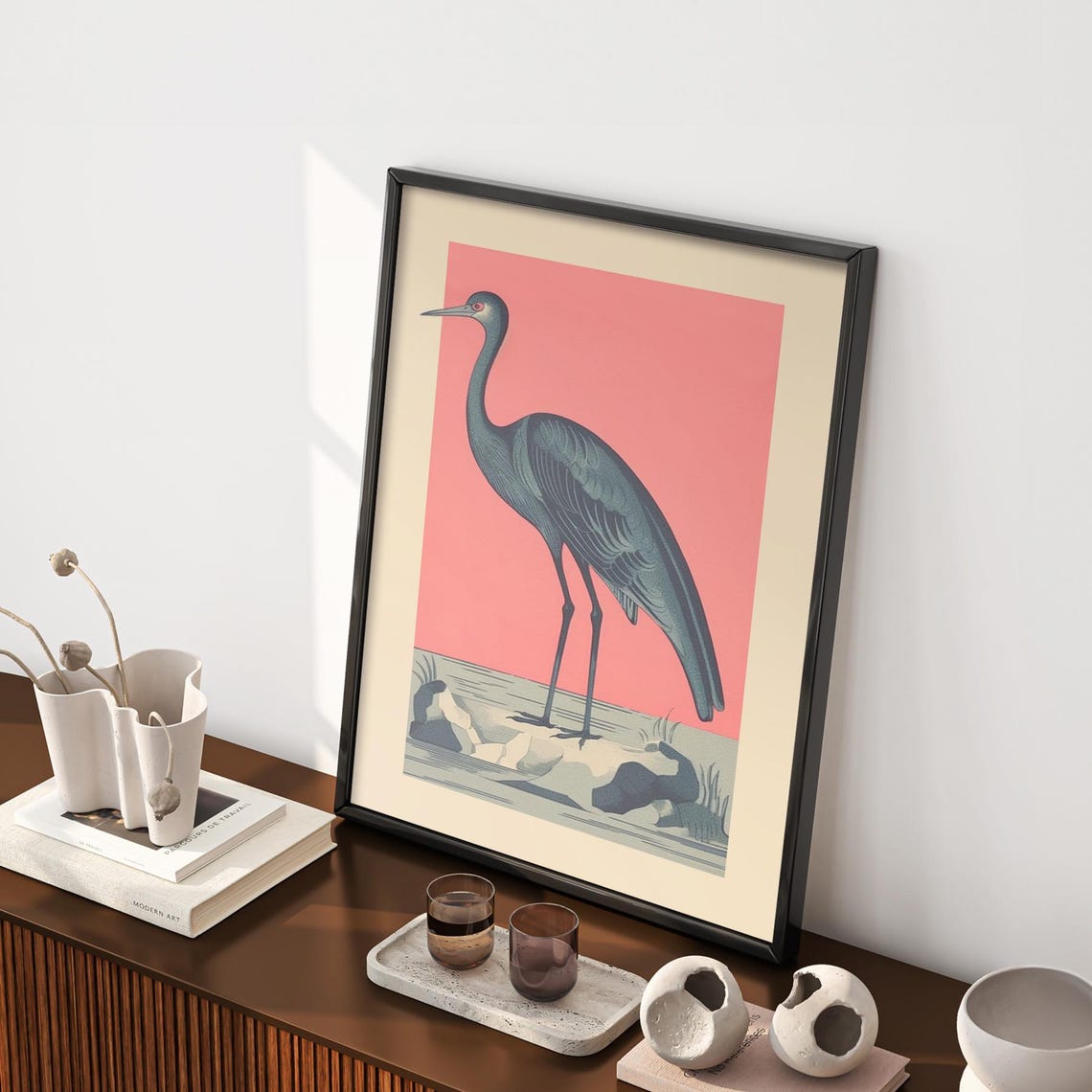 Graceful Blue Heron Standing on Blush Pink Vintage Bird Poster