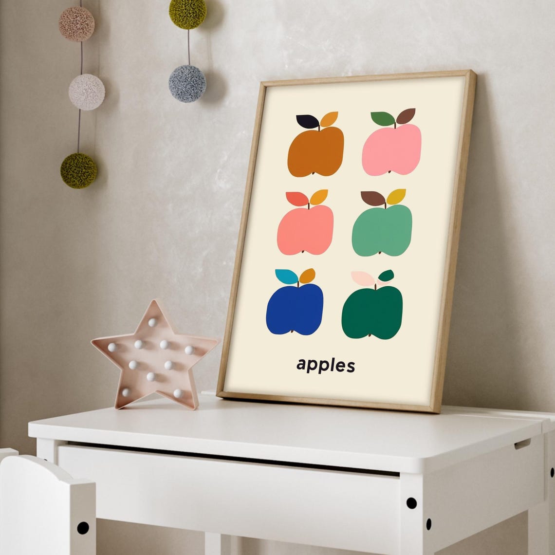 Playful Rainbow Apples Grid Mid Century Modern Kitchen Fruit Poster
