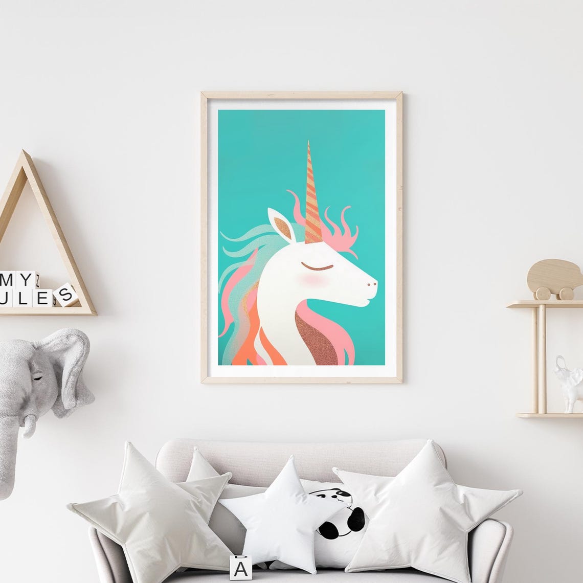 Whimsical Pastel Unicorn Portrait on Turquoise Dreamy Nursery Poster - Image 3