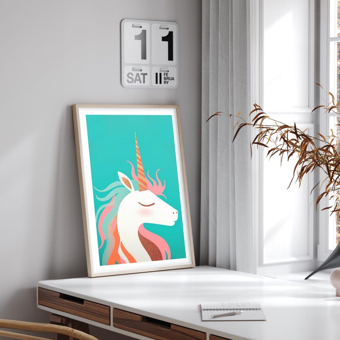Whimsical Pastel Unicorn Portrait on Turquoise Dreamy Nursery Poster - Image 2