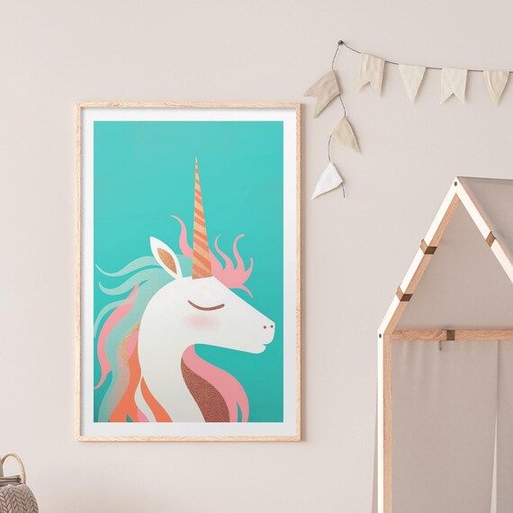 Whimsical Pastel Unicorn Portrait on Turquoise Dreamy Nursery Poster