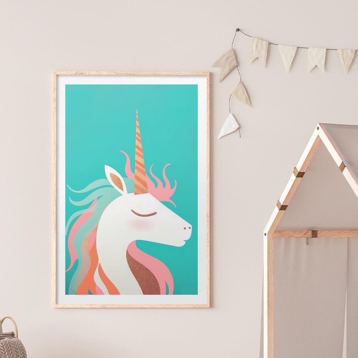 Whimsical Pastel Unicorn Portrait on Turquoise Dreamy Nursery Poster