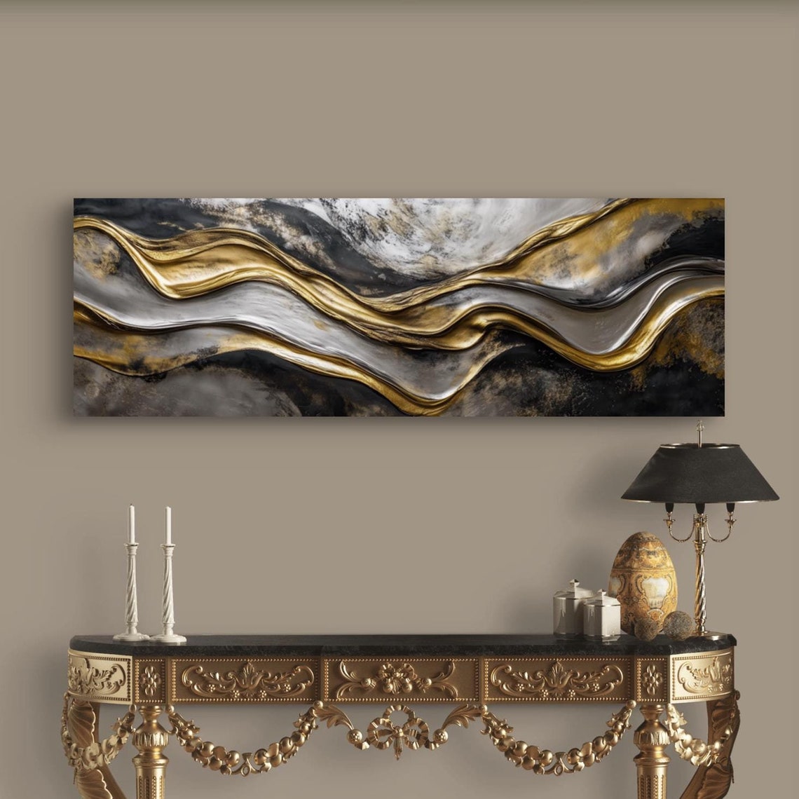 Gold Silver Black Abstract Wave Luxury Panoramic Fluid Wall Poster