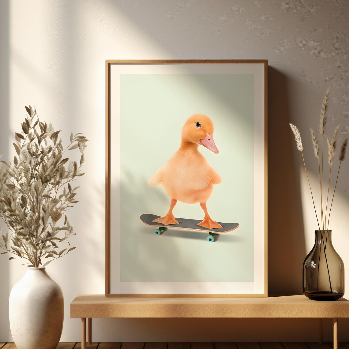 Cute Duckling Riding Skateboard Funny Animal Nursery Wall Art