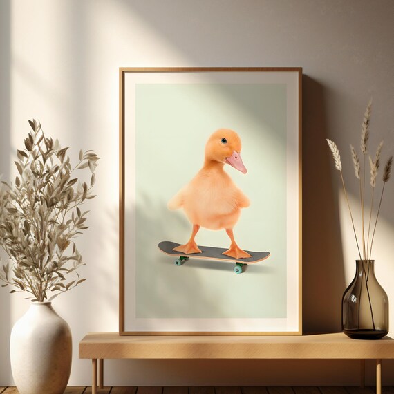 Cute Duckling Riding Skateboard Funny Animal Nursery Wall Art