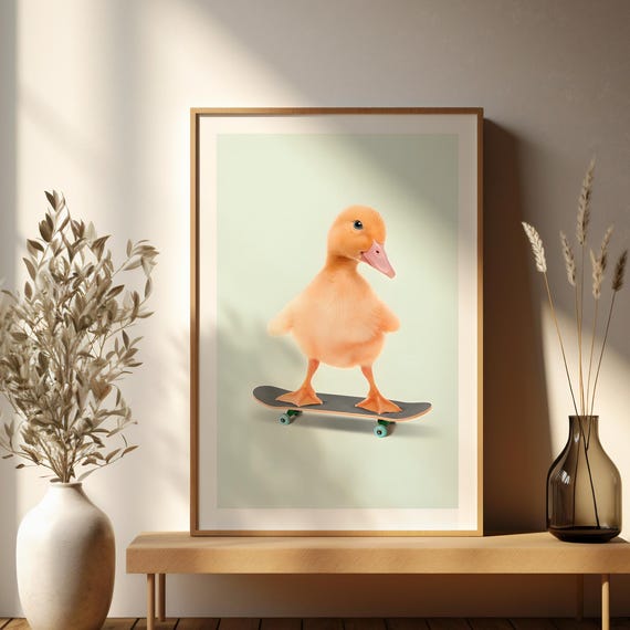 Skateboarding Duck Art Print Funny Animal Poster Playroom Decor