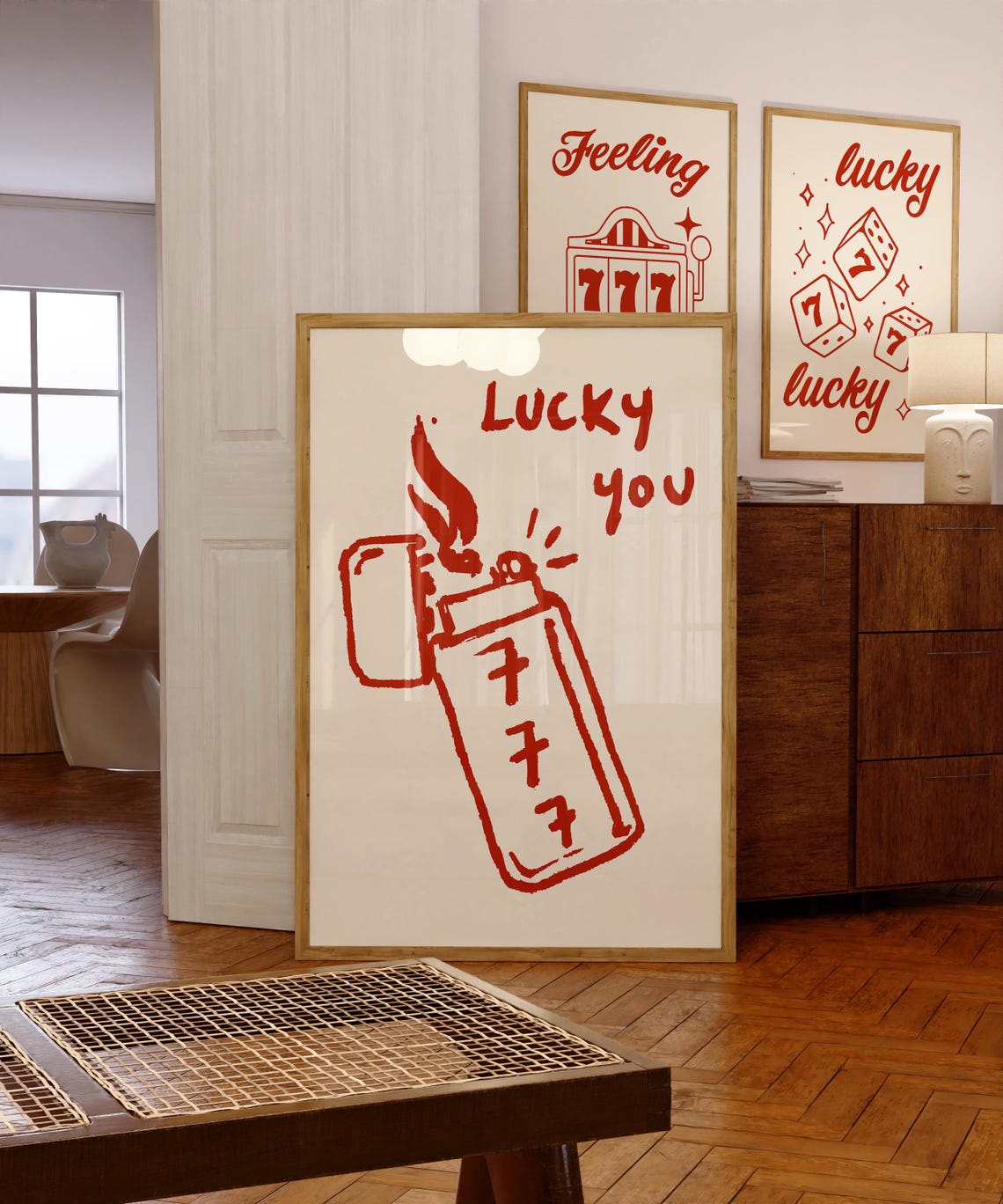 Red Lucky You 777 Lighter Doodle Poster for Retro Aesthetic Decor