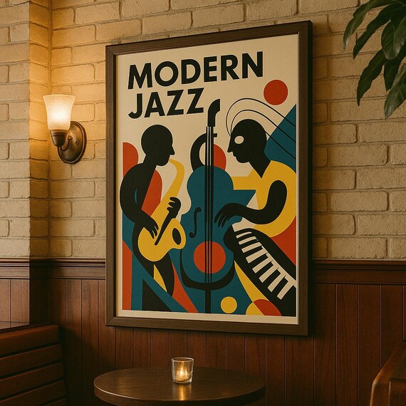 Modern Jazz Poster with Saxophone Cello and Piano Midcentury Artwork