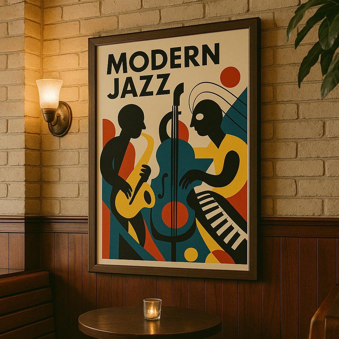 Modern Jazz Poster with Saxophone Cello and Piano Midcentury Artwork