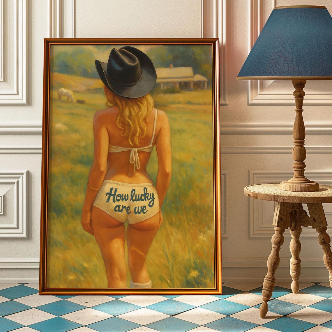 How Lucky Are We Cowgirl Poster Retro Bikini Western Artwork