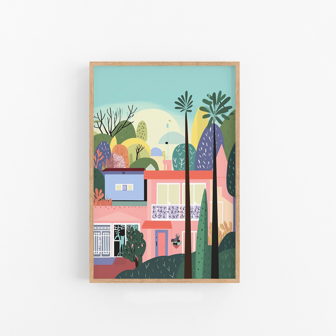 Sunny Hillside Neighborhood Houses Palms Colorful City Wall Art
