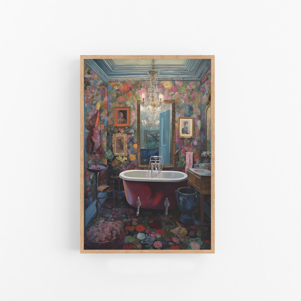Maximalist Floral Bathroom With Red Clawfoot Tub Painting Poster