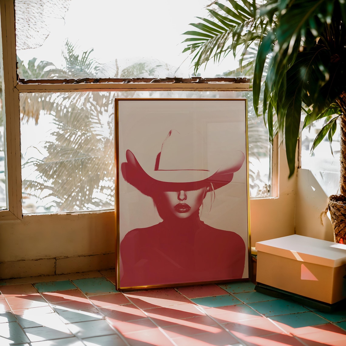 Firebrick Red Cowgirl Halftone Western Art Print
