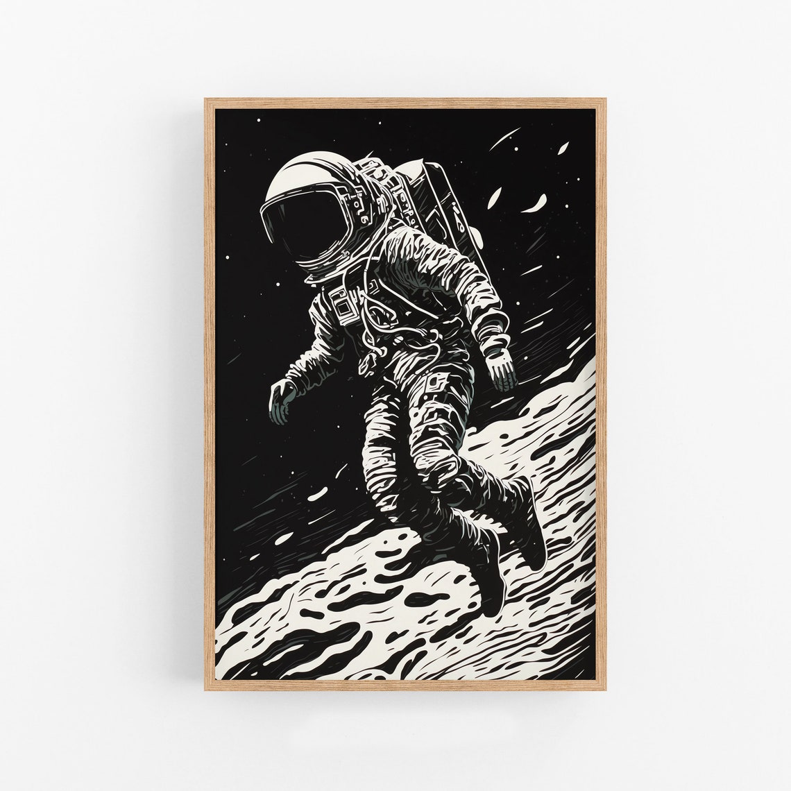 Astronaut Walking on the Moon Black and White Engraving Poster