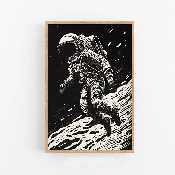 Astronaut Walking on the Moon Black and White Engraving Poster
