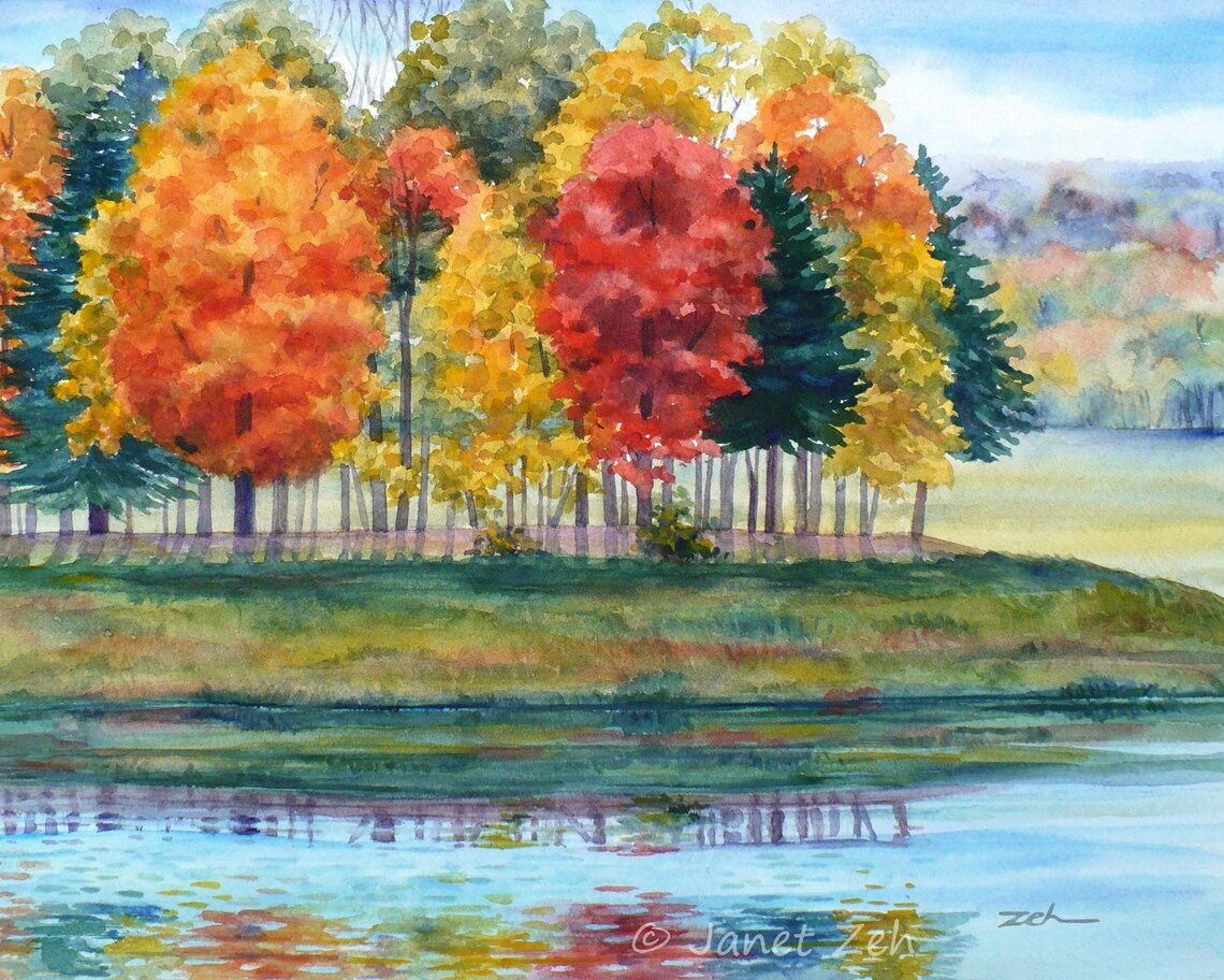 Fall Foliage Trees Pond, New England Watercolor Art Print