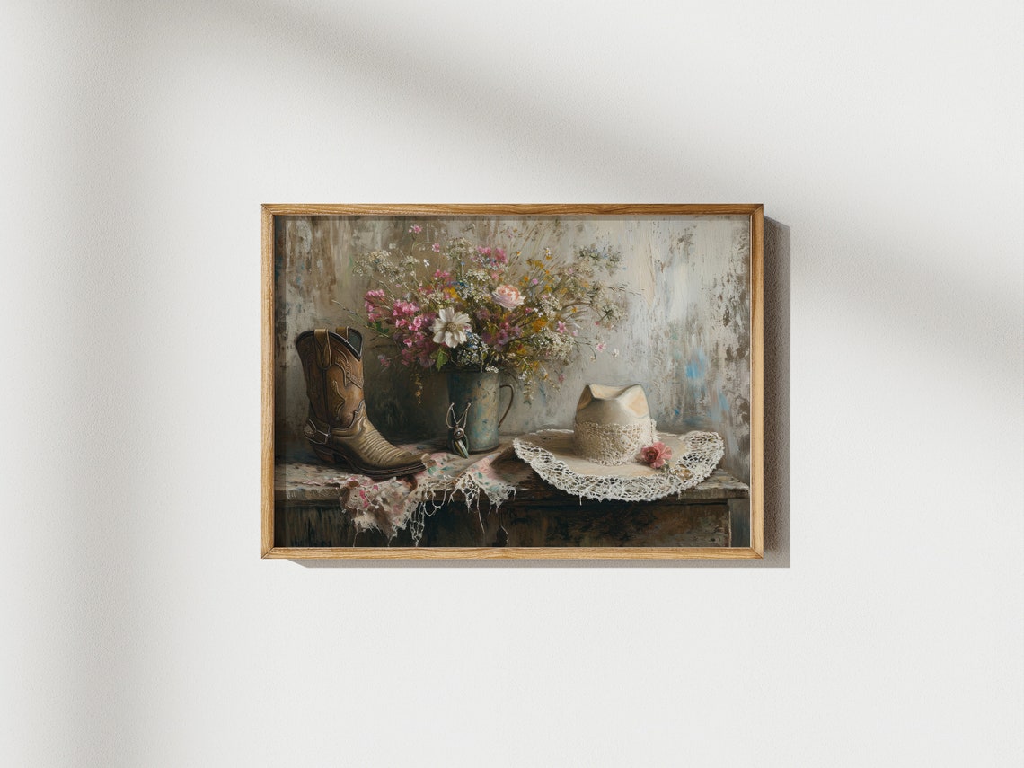 Cowgirl Rustic Still Life Arrangement Painting Spring Flowers Art Southwestern Life Style Wall Decor Cowboy Cowgirl Rodeo Girly - Image 2