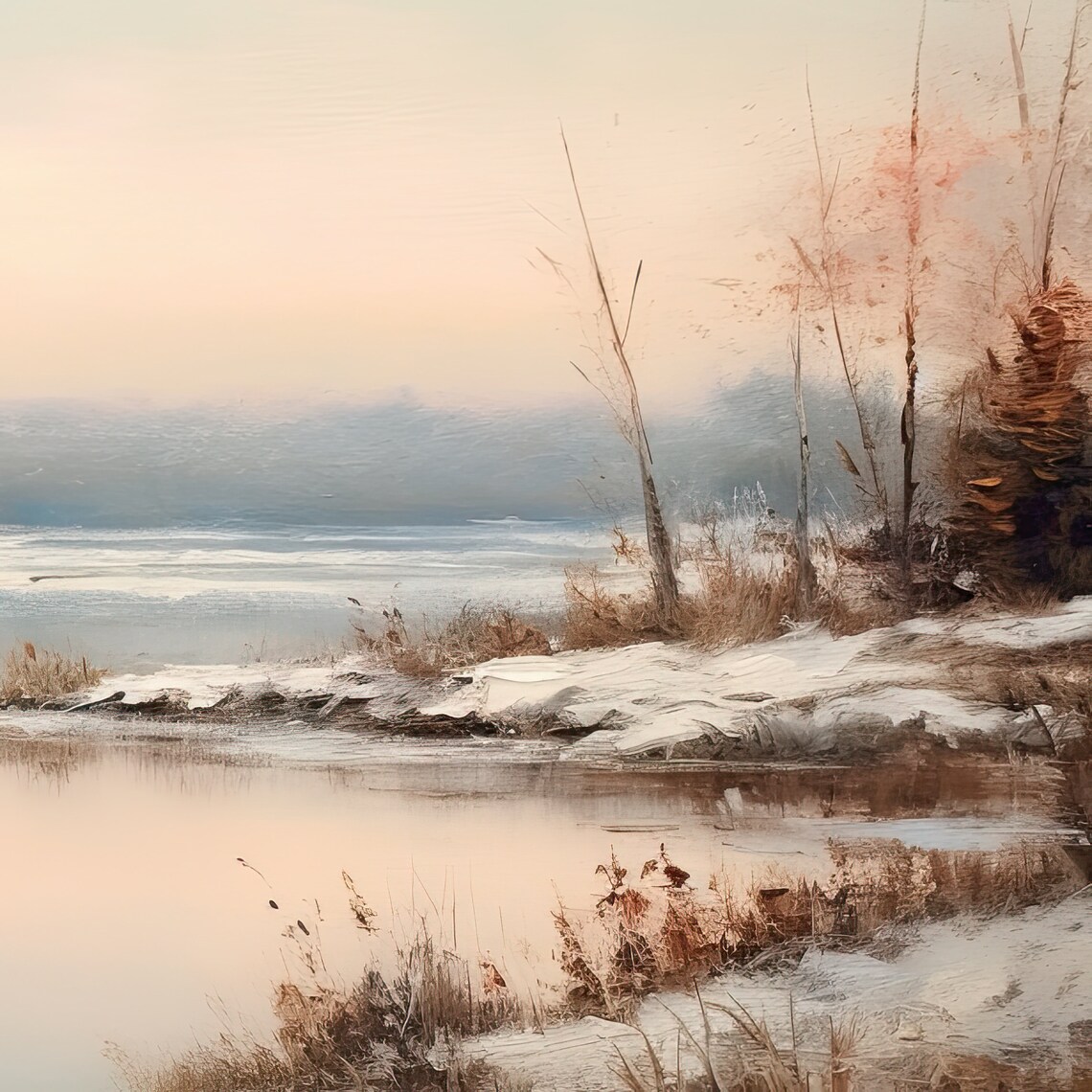 Frozen Lake In Snow At Pink Dawn Winter Landscape Art Poster - Image 3