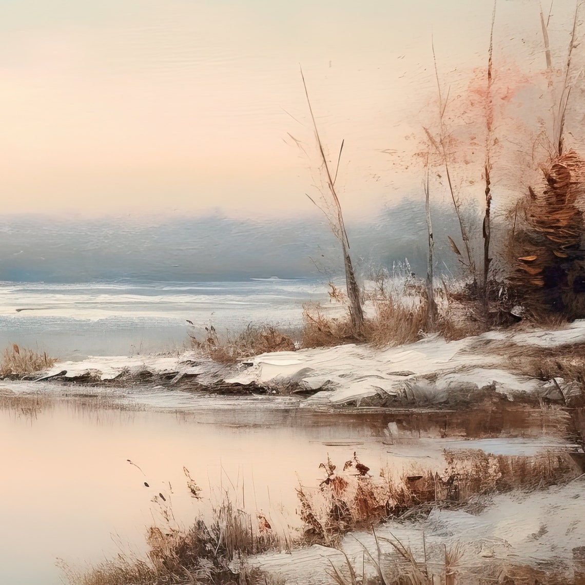 Vintage Frozen Lake Painting Lake House Landscape Painting Winter Landscape Painting Farmhouse Wall Winter Landscape Painting - Image 3