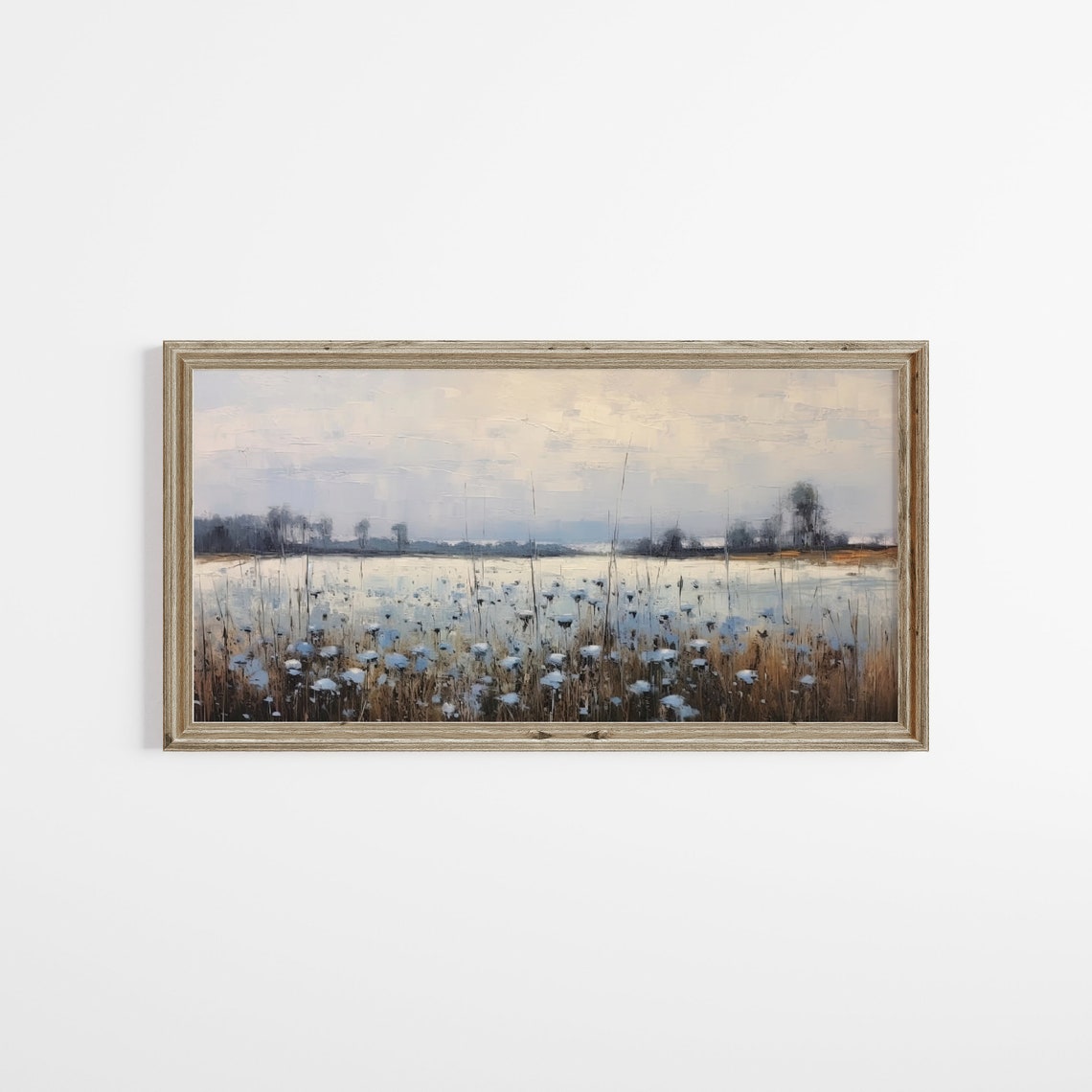Panoramic Blue Wildflower Field Under Soft Misty Sky Vintage Poster - Image 2
