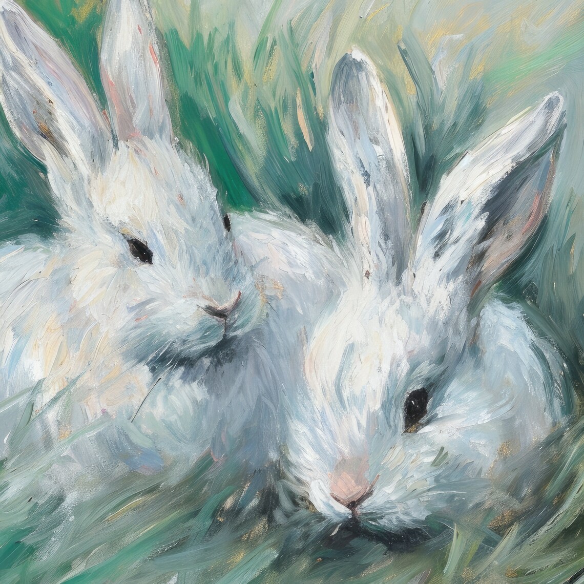 Two White Rabbits Green Grass Vintage Bunny Painting Nursery Farmhouse Art Print - Image 4