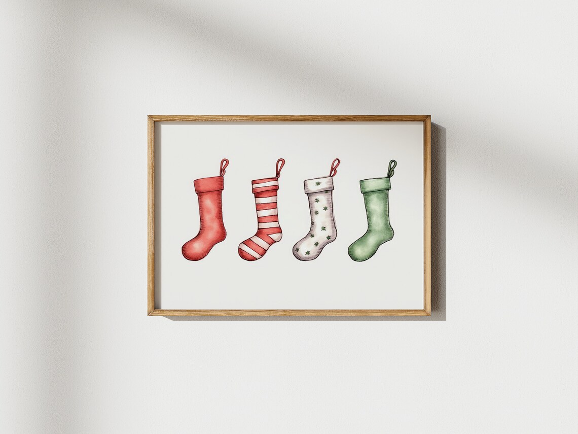 Christmas Stockings Watercolor Red Green Minimal Holiday Poster - Image 2