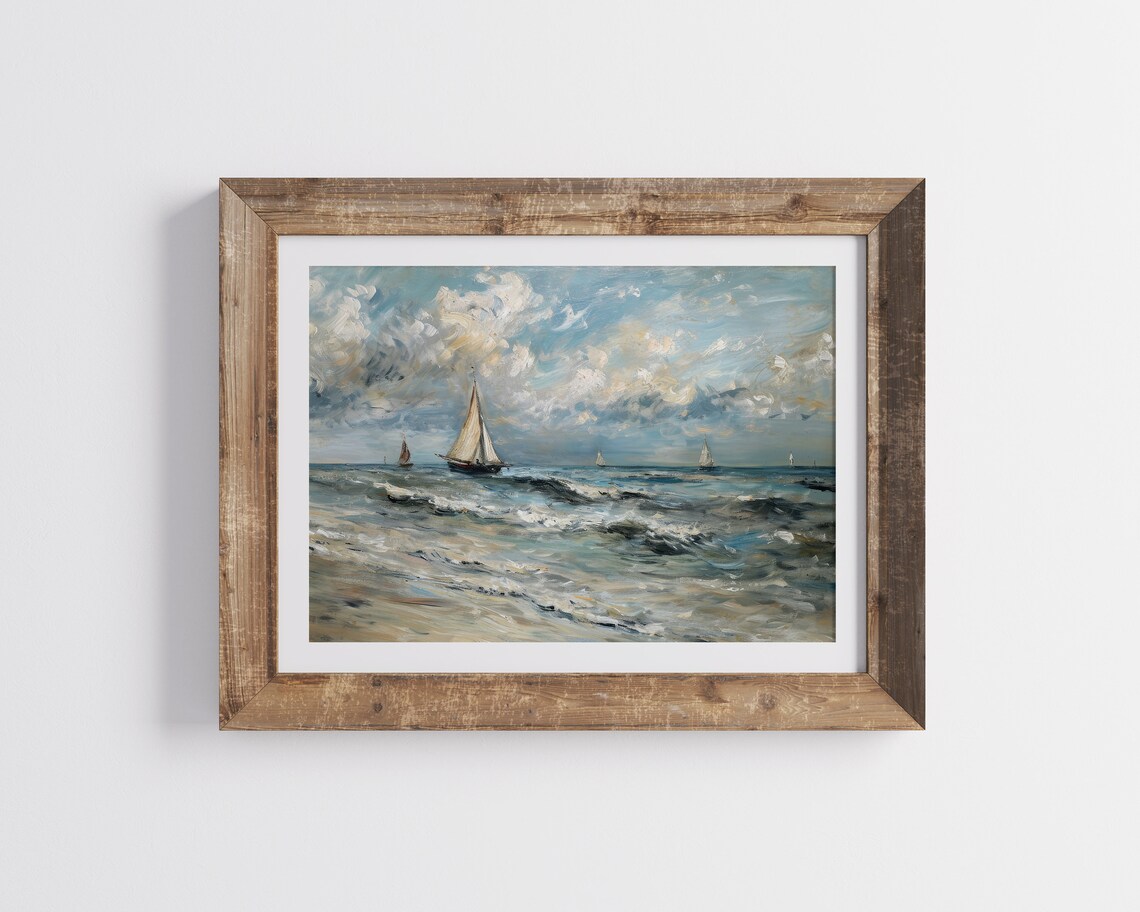 Sailboats On Open Sea Under Cloudy Sky Vintage Coastal Seascape Travel Poster - Image 3
