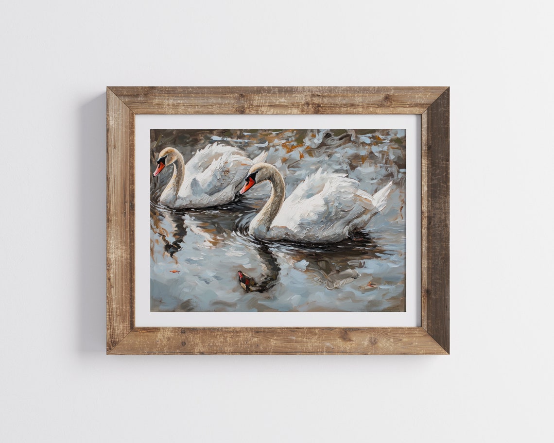 Vintage White Swans Painting Lake House Wall Decor Vintage Animal Print Country House Wall Decor Painting Lake Animals Print - Image 3