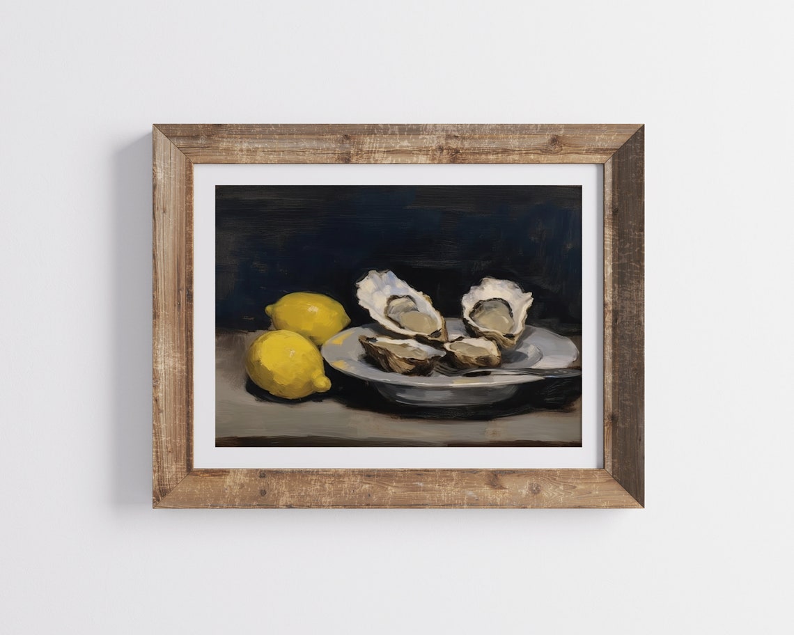 Vintage Oyster Still Art Painting Antique Wall Painting Vintage Oyster Still Art Oil Painting Kitchen Wall Still Art Painting - Image 2