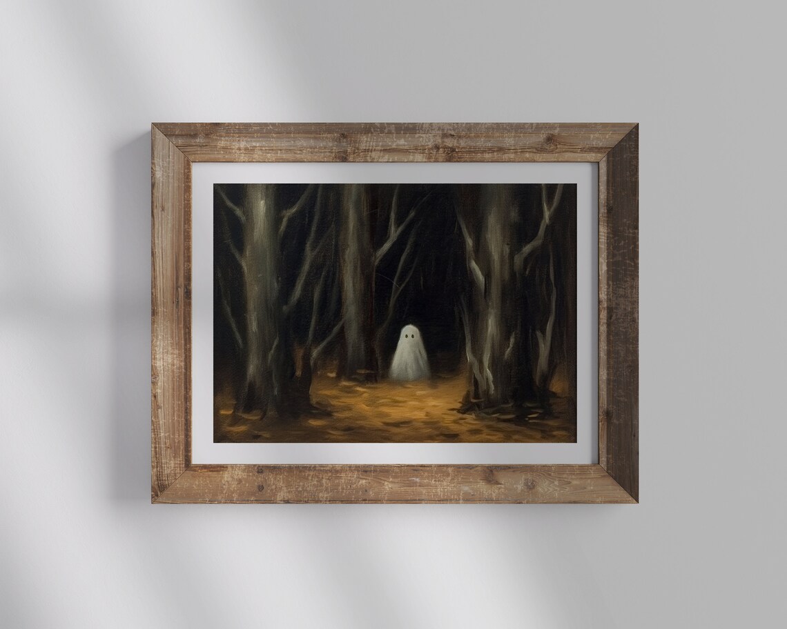 Cute White Ghost Standing In Dark Forest With Golden Leaves Poster - Image 3