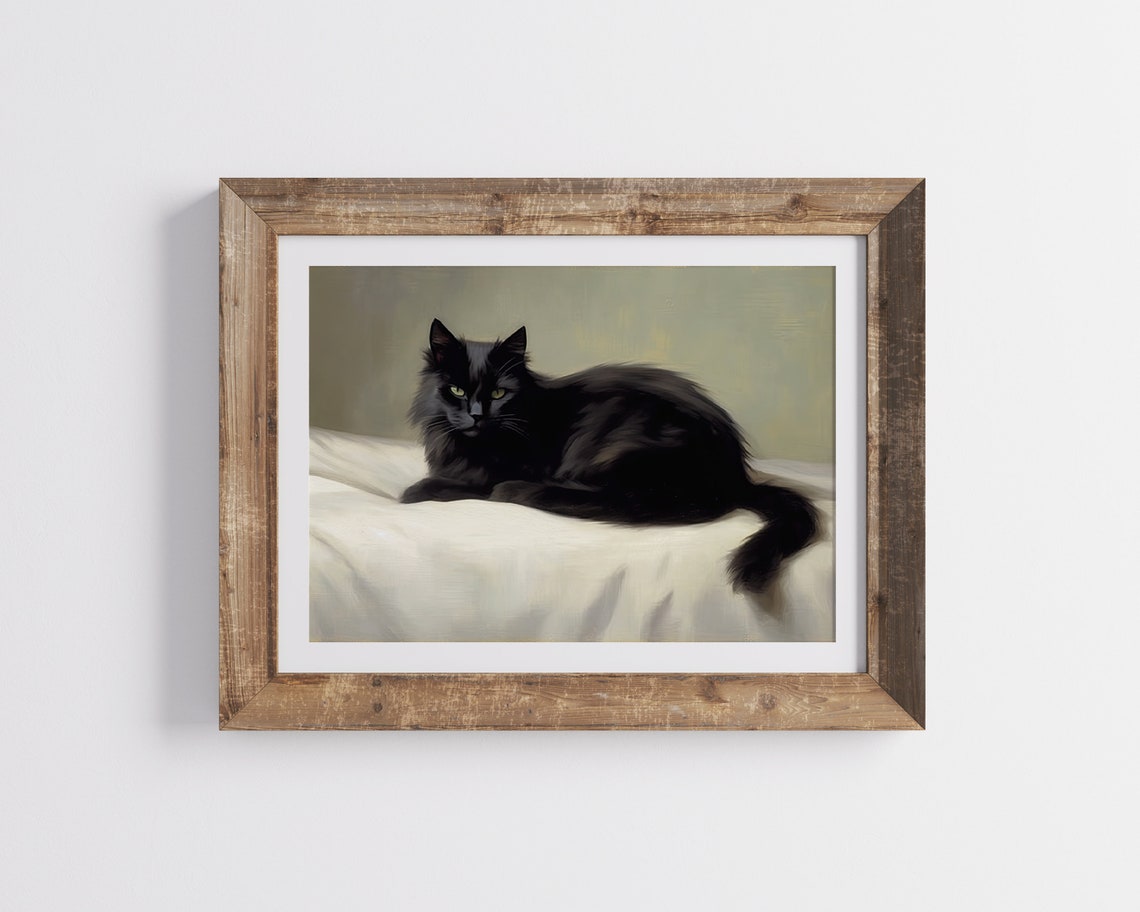 Black Cat Resting on White Bedding Vintage Moody Feline Poster - Image 2