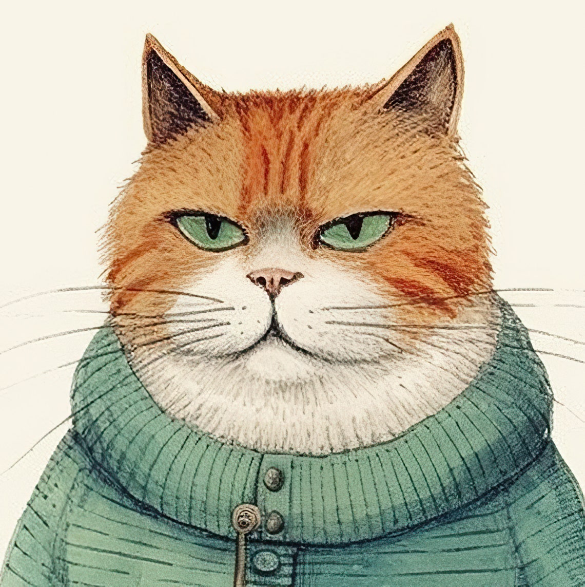 Ginger Cat Wearing Green Cardigan Funny Quirky Cat Lover Poster - Image 2