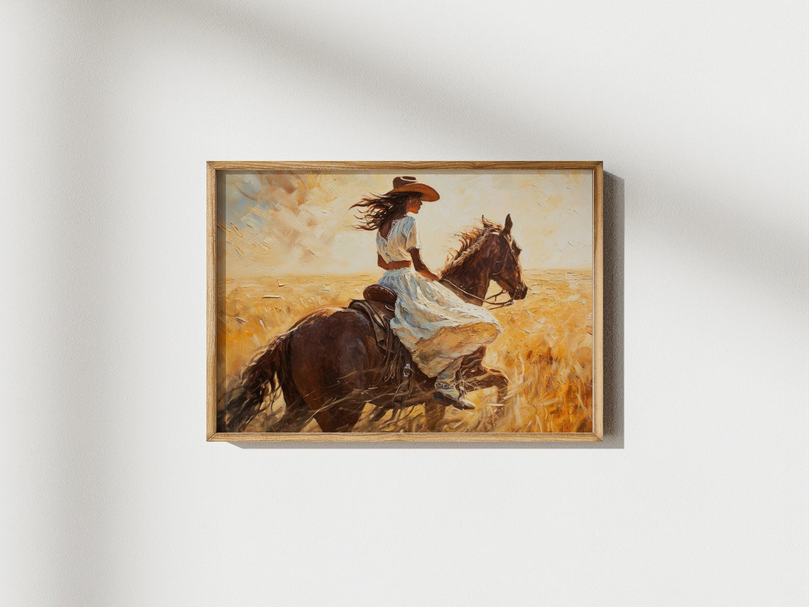 Cowgirls Horse Ride Painting Rustic Southwestern Art Woman Feminine Wall Decor Western Field Horse Ride Painting - Image 2