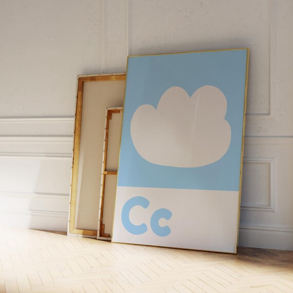 White Cloud Letter C Alphabet Light Blue Nursery Kids Educational Poster