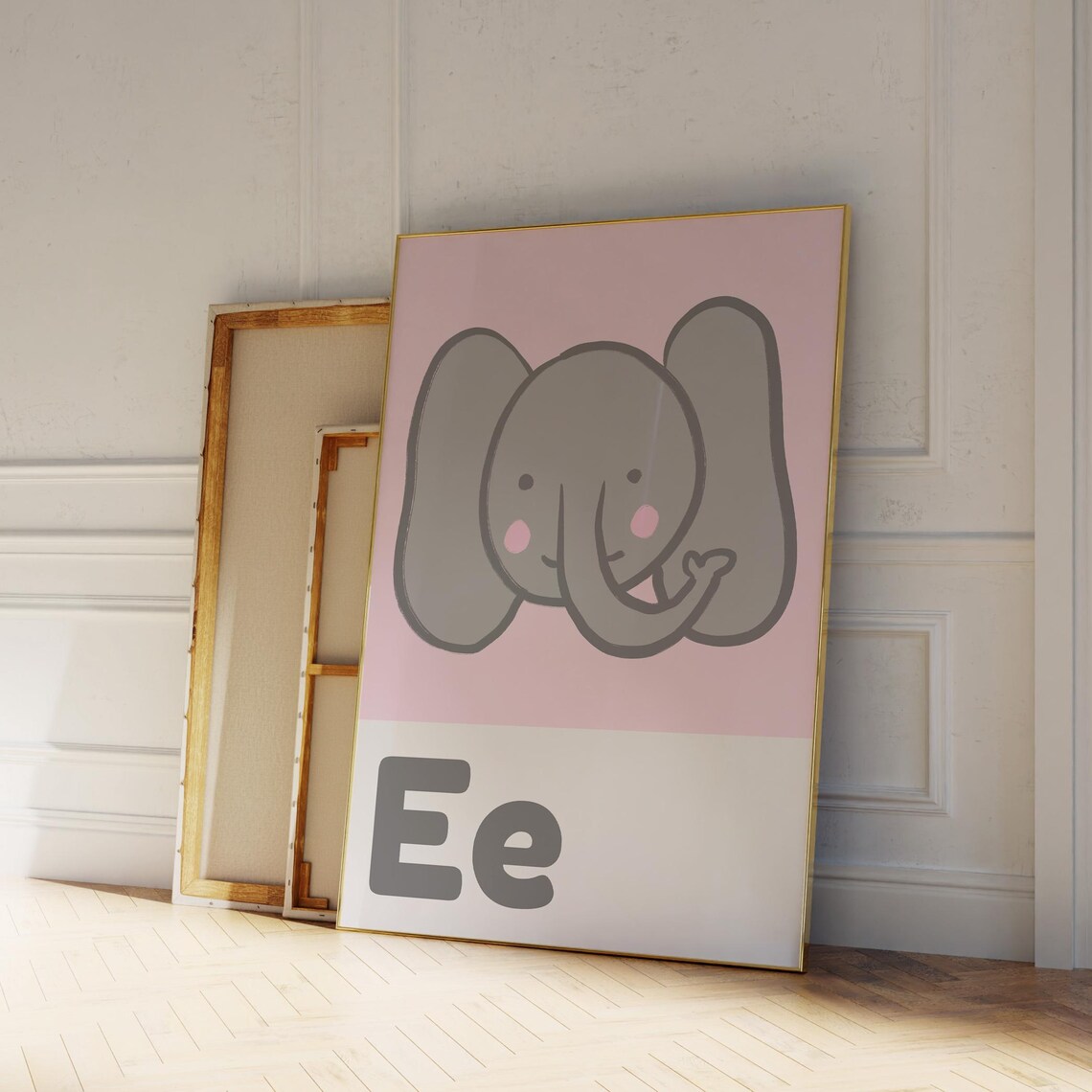 Cute Elephant Letter E Alphabet Pink Nursery Kids Educational Poster