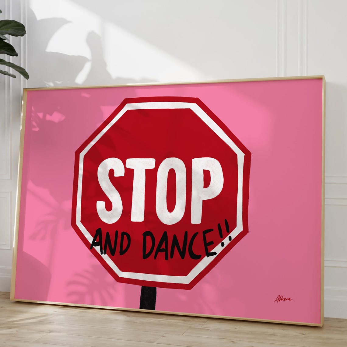 Stop And Dance Red Stop Sign Pink Pop Art Dorm Room Wall Poster