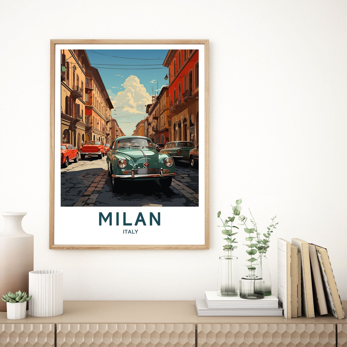 Milan Italy Classic Car Street Scene Vintage City Travel Poster - Image 2