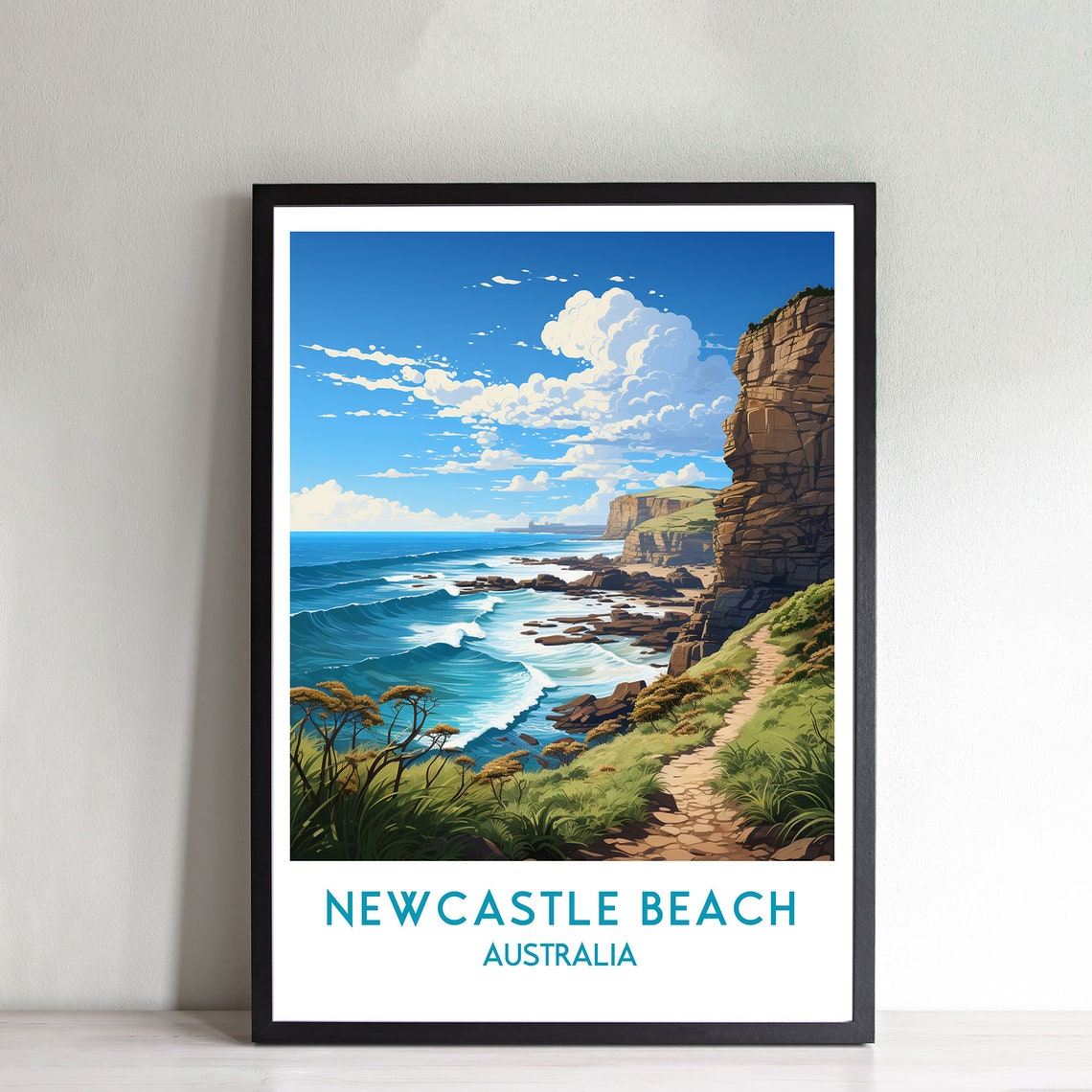 Newcastle Beach Australia Coastal Cliffs Scenic Travel Poster
