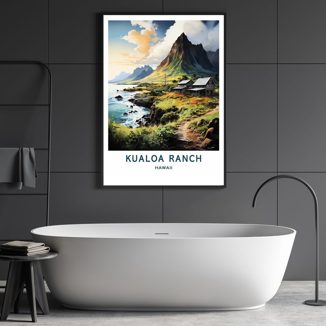 Kualoa Ranch Hawaii Mountain Coast Vintage Travel Scenic Poster - Image 2