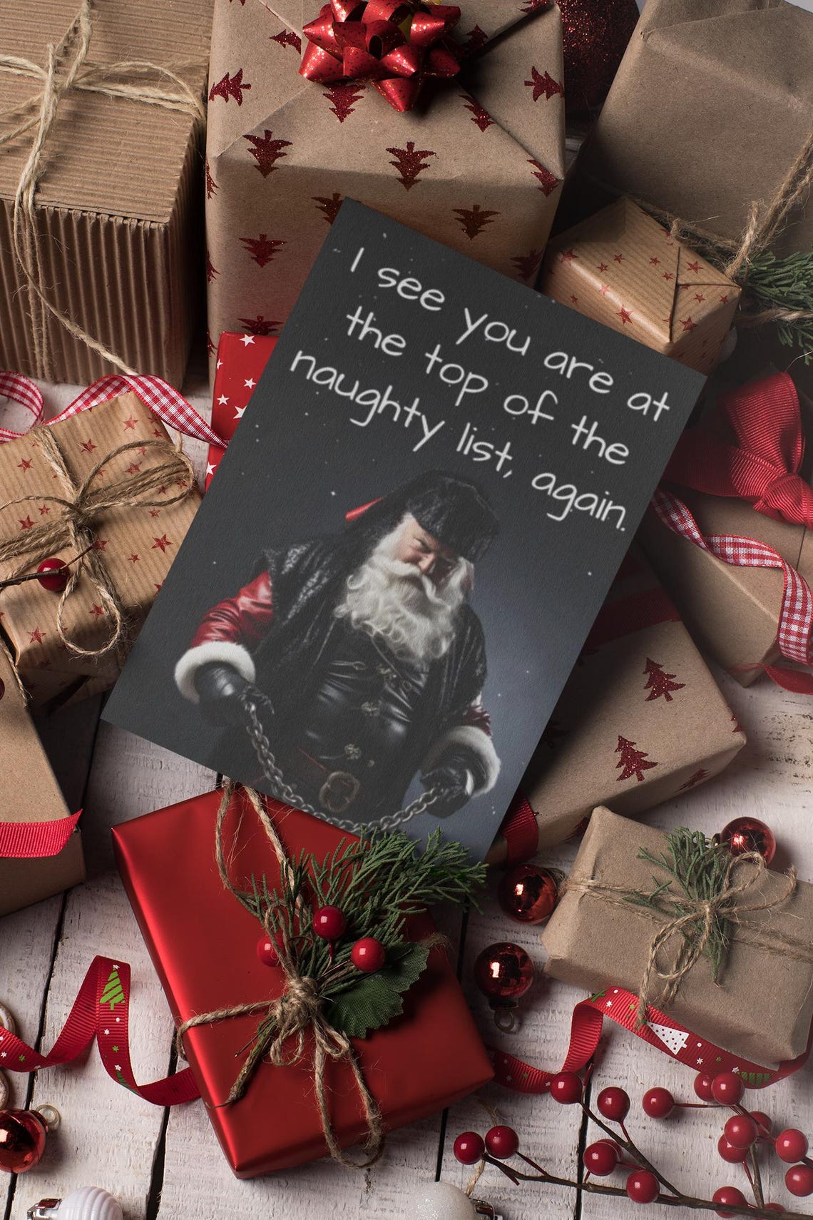 Naughty Santa Christmas Cards Bdsm Top Of The Naughty List 7 Pack Holiday Cards Adult Humor Cards Funny Xmas Cards Chains And Ropes - Image 2