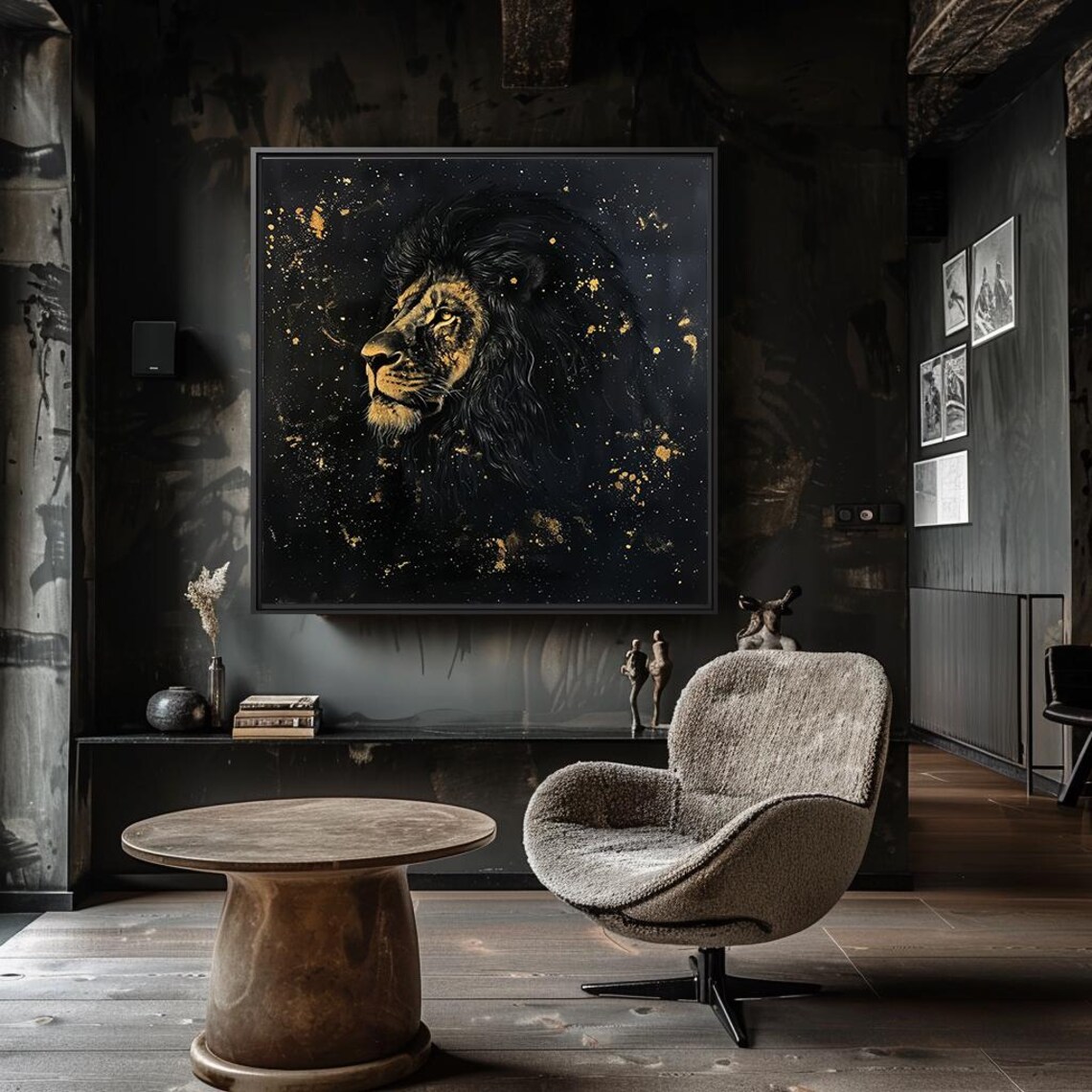 Majestic Golden Lion Profile Black And Gold Night Painting Poster - Image 2