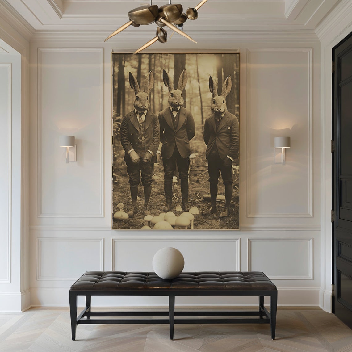 Three Rabbit Headed Gentlemen In Suits Sepia Surreal Art Poster - Image 2