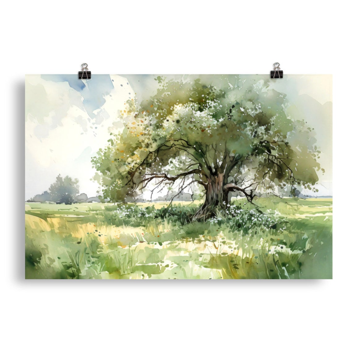 Oak Tree Watercolor Art Print, Summer Meadow Landscape - Image 5