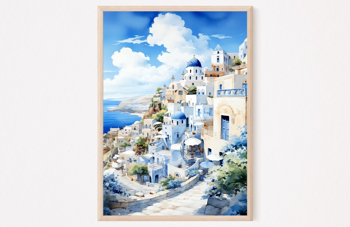 Santorini Greece Blue Dome Churches Cliffside Watercolor Art Poster