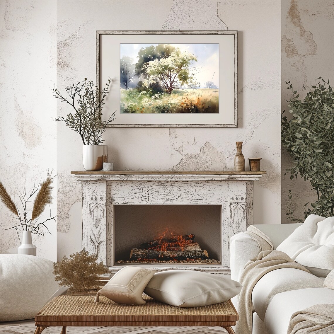 Blossoming Tree Watercolor Meadow with White Flowers and Grass Print - Image 3